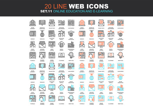 Vector set of online education and e-learning line web icons. Each icon with adjustable strokes neatly designed on pixel perfect 64X64 size grid. Fully editable and easy to use.