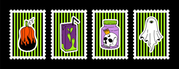 Set of Halloween post card stamp illustration in Y2K style. Vector Hand drawn pumpkin, spooky, Skull in a jar, ghost. Happy Halloween Sticker collection in green and purple colors with stripes.