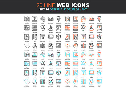 Vector set of design and development line web icons. Each icon with adjustable strokes neatly designed on pixel perfect 64X64 size grid. Fully editable and easy to use.