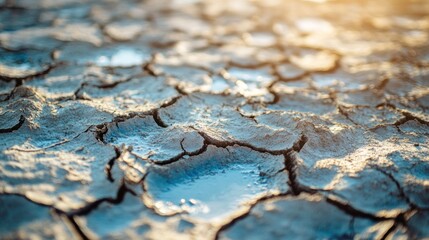 Obraz premium Cracked earth with small water pools, depicting drought and environmental change.