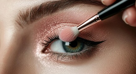 Naklejka premium A woman skillfully applies eye shadow using a brush with pink blush in natural light