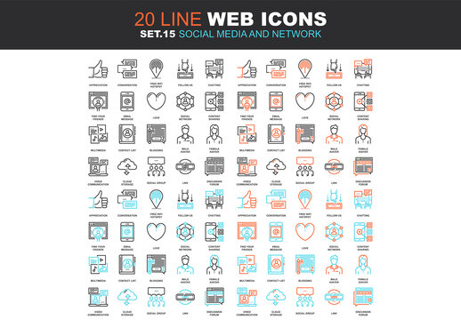 Vector set of social media and network line web icons. Each icon with adjustable strokes neatly designed on pixel perfect 64X64 size grid. Fully editable and easy to use.