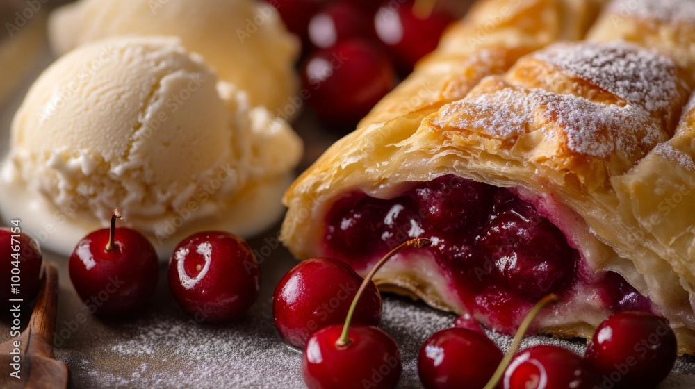 Poster a close-up of a freshly baked cherry strudel, with vibrant red cherries oozing from the crispy layer