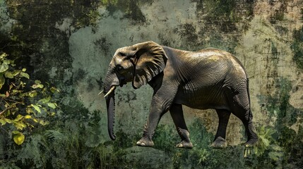Fototapeta premium An elephant walking with a jungle overlay, capturing the essence of wildlife coexistence with lush green textures.