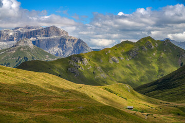 Fototapeta premium Summer alpine landscape from Catinaccio Group in the Dolomites, Italy, Europe