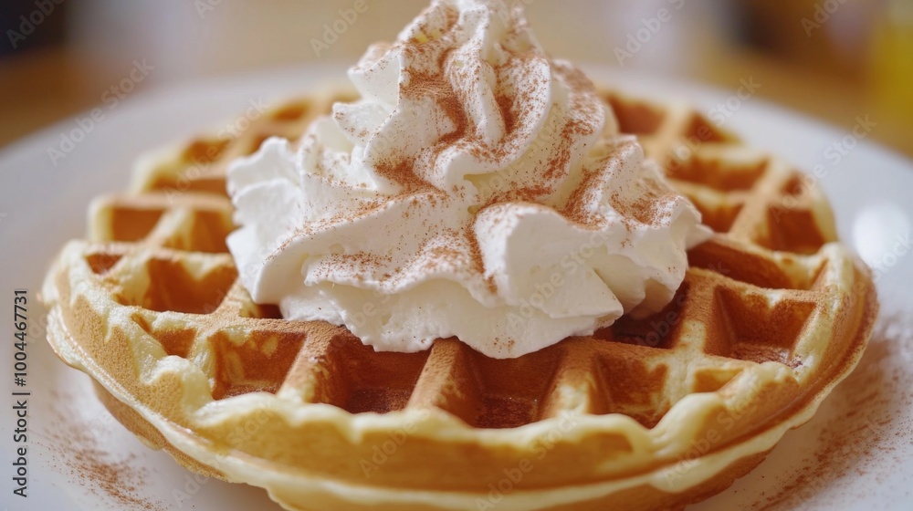 Poster a close-up of a golden waffle topped with whipped cream and a sprinkle of cinnamon, placed on a whit