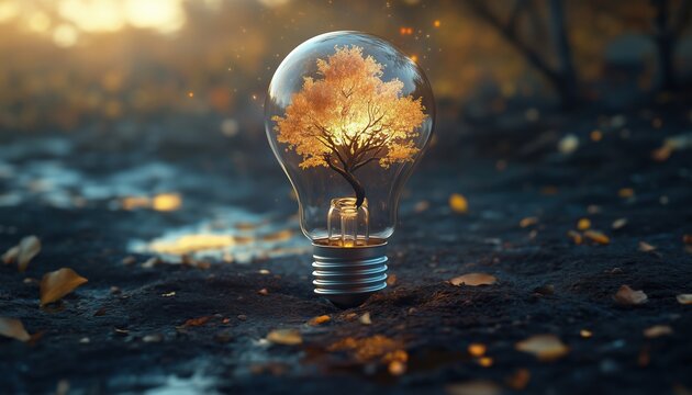 Surreal Artwork Depicting A Lightbulb With A Tree Idea: 3d Illustration And Imagination Painting In A Conceptual Style