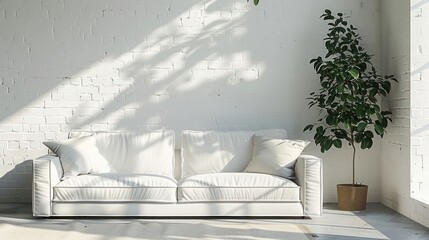 White sofa with pillows and plant in front of a white brick wall with window light.