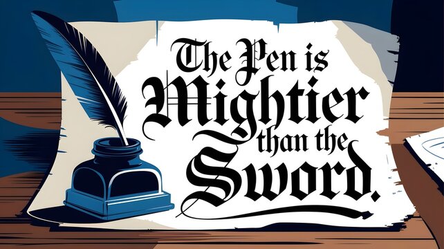 Paper with quill and inkpot, "The pen is mightier than the sword" text