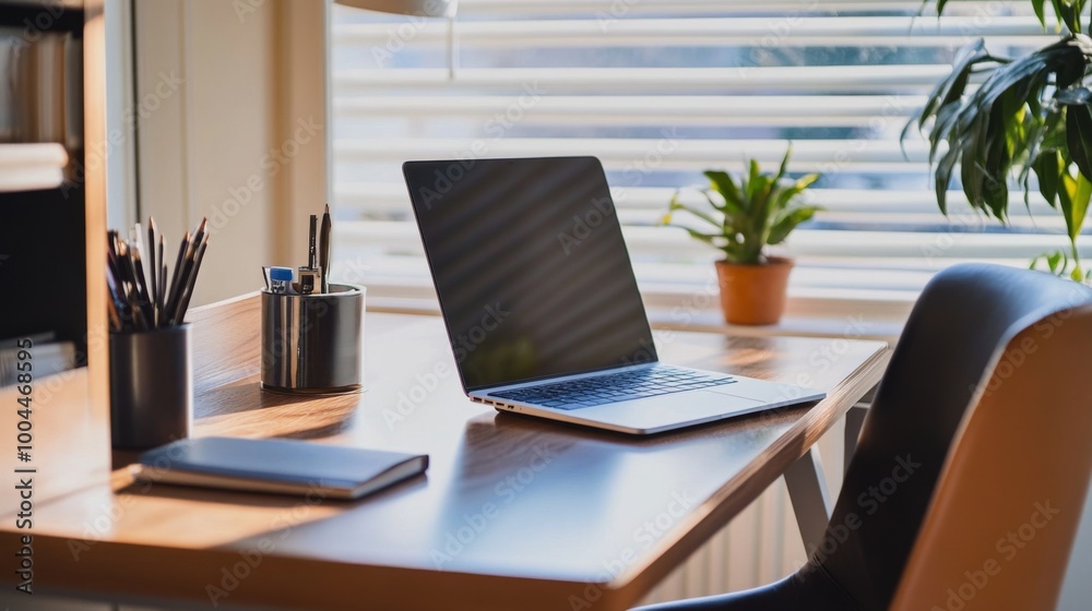 Poster a close-up of a minimalist home office setup, featuring a sleek desk, a comfortable chair, and a few