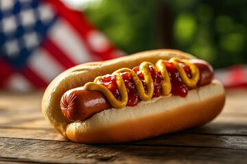 Close-up of a Hot Dog with Ketchup and Mustard at an American July Celebration, AI generated illustration