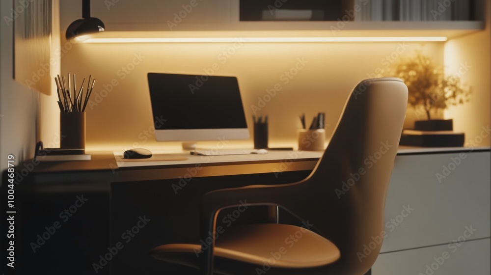 Aufkleber a close-up of a minimalist home office setup, featuring a sleek desk, a comfortable chair, and a few