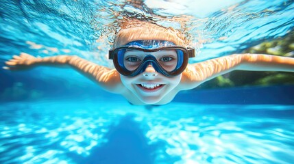 A swimmer preparing to dive into an outdoor pool on a clear, sunny day, with the water sparkling below.