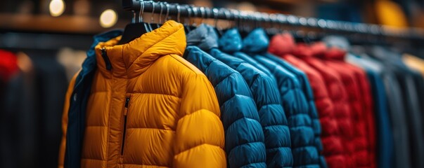 Obraz premium A vibrant display of brightly colored puffer jackets, including yellow, blue, and red, hanging on a clothing rack inside a retail store