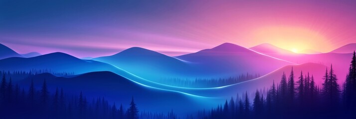 Abstract mountain landscape with glowing pink and blue hues, a smooth gradient