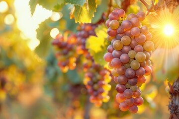 Bunches of ripe grapes in a vineyard basking in the warm glow of the evening sun