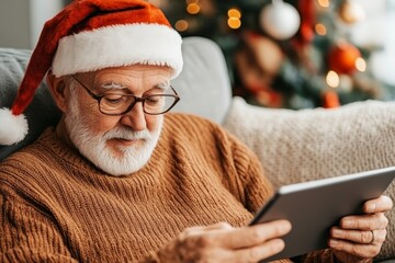 An elderly man in a Santa hat choose gifts using a tablet while sitting on a couch decorated for Christmas