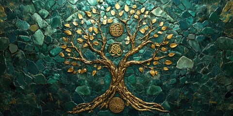 Golden Tree on Green Background