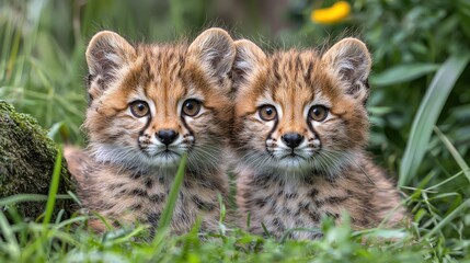 Obraz premium Two playful baby lynxes resting in lush green grass surrounded by vibrant wildflowers on a bright sunny day