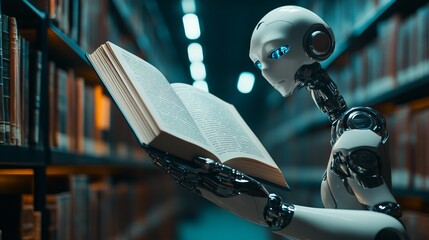 Obraz premium Robot Hand Holding Open Book in Library, Symbolizing AI and Knowledge, AI generated illustration