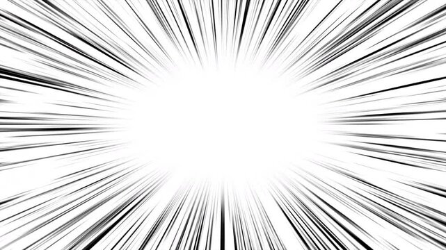 Black anime speed lines on white seamless motion. Radial comic light speed lines. Velocity lines, flash action concept. High-speed animation, black and white speed lines. Manga anime background. 4k.