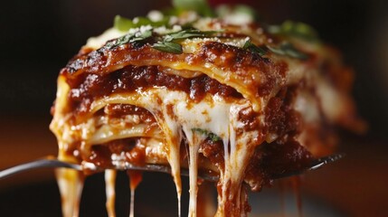 A close-up of a slice of lasagna on a fork, dripping with cheese and sauce, highlighting the texture of the layers, with a sprinkle of fresh basil for garnish