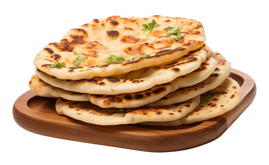 Round flatbreads on wooden board isolated on transparent background.