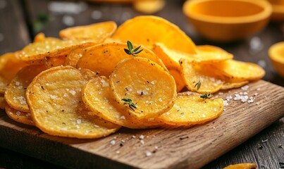 Savory Potato Chips with Salt and Spices on Wooden Table, AI generated illustration