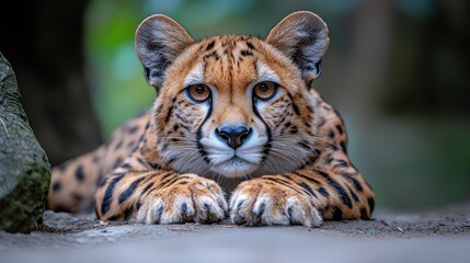 Fototapeta premium A close-up view of a resting jaguar in a lush, green environment showcasing its striking features and vibrant coat pattern