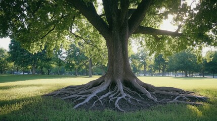 Naklejka premium An old tree standing in a park with its large roots exposed above the grassy ground, showing a natural interplay between tree and earth.