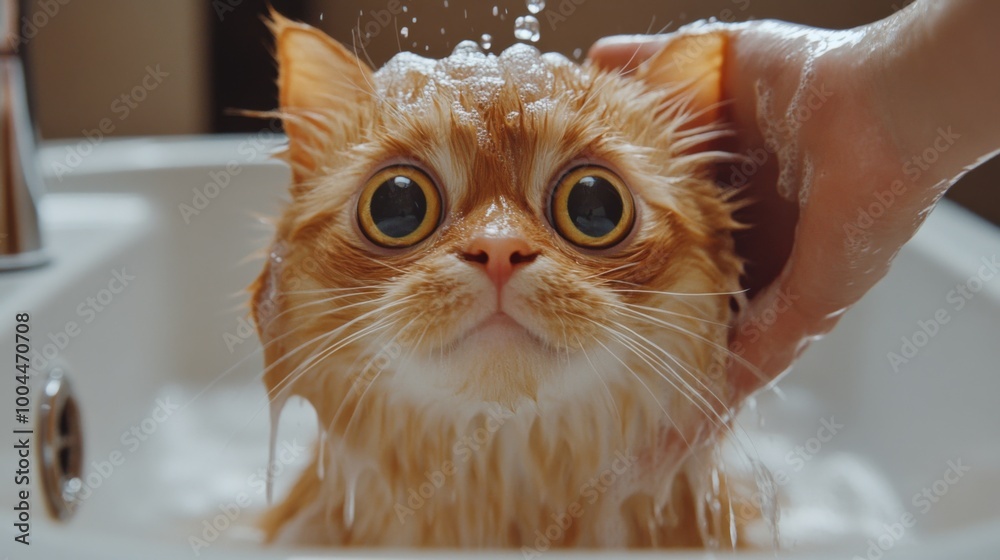 Poster a close-up of a wet cat with wide eyes, standing in a sink, fur clinging to its body while a person 