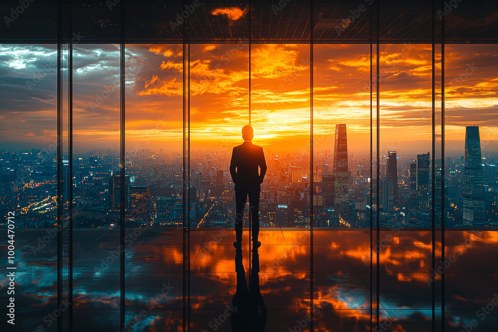 Wall mural A CEO standing in front of a large window in a minimalist office, gazing out at the city skyline with a contemplative expression.