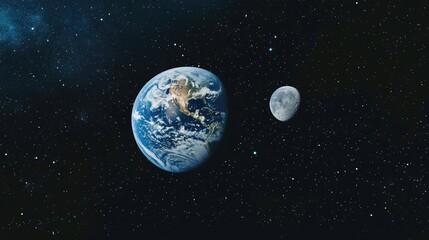 Earth and the Moon in space, showing the size comparison between the two celestial bodies, with stars filling the backdrop.