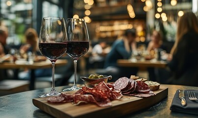 Elegant Dining Experience with Red Wine and Charcuterie Board, AI generated illustration