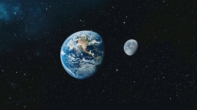Earth and the Moon in space, showing the size comparison between the two celestial bodies, with stars filling the backdrop.