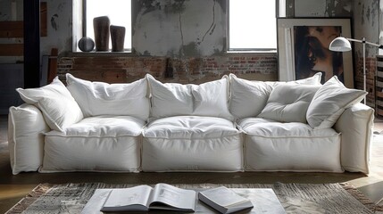 Fototapeta premium A white modular sofa with multiple cushions sits in a modern living room with a rug, a coffee table, and books on top.