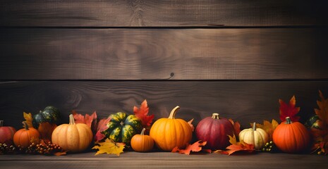 Autumn Rustic Wooden Background with Pumpkins and Leaves