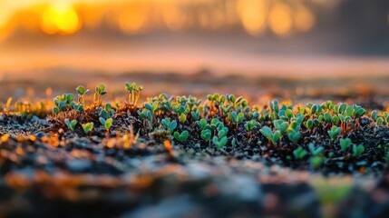 Obraz premium Green Sprouts in Field with Dramatic Sun Flare