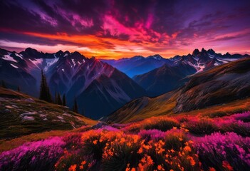 breathtaking display vibrant colors stunning sunset over dramatic rugged mountain peaks under fading sky, cloud, silhouette, horizon, landscape, light