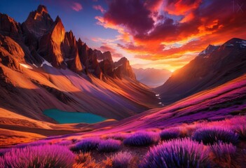 stunning mountain landscape sunset vibrant colors overlooking serene valley majestic sky teeming brilliant hues, aesthetic, ambience, backdrop, breathtaking
