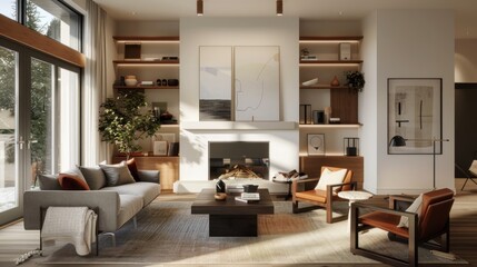 Fototapeta premium Modern Living Room with Fireplace and Natural Light