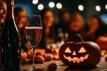 Halloween Celebration with Friends Enjoying Champagne, AI generated illustration