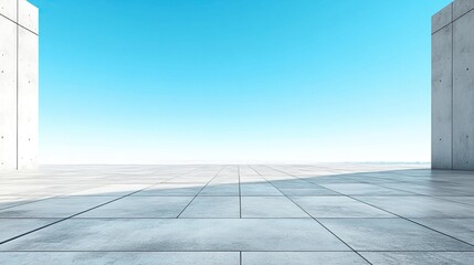 Modern minimalistic architectural design with clean lines and a blue sky in the background.
