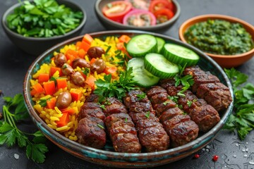 Fototapeta premium Delicious grilled kebabs served with rice, fresh vegetables, and vibrant sides on a rustic table