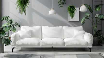 Modern living room with white sofa, plants, and hanging lamps.
