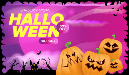 Halloween big sale banner with funky scary pumpkins, castle, graveyard on night spooky background. Halloween sale poster design template