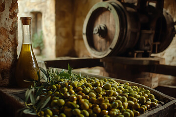Fresh olives and olive oil with an oil press showcasing the traditional extraction process