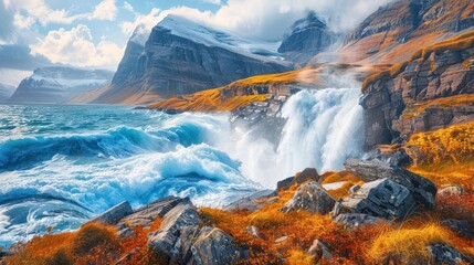 Fototapeta premium Dramatic seascape with crashing waves, a waterfall, and snow-capped mountains.