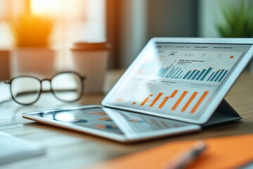 A tablet displaying graphs and charts on a wooden desk with a coffee cup, glasses, and a pen.