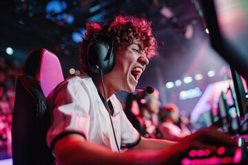 A professional esports gamer competes intensely in a tournament. Concept of esports events or gaming gear.